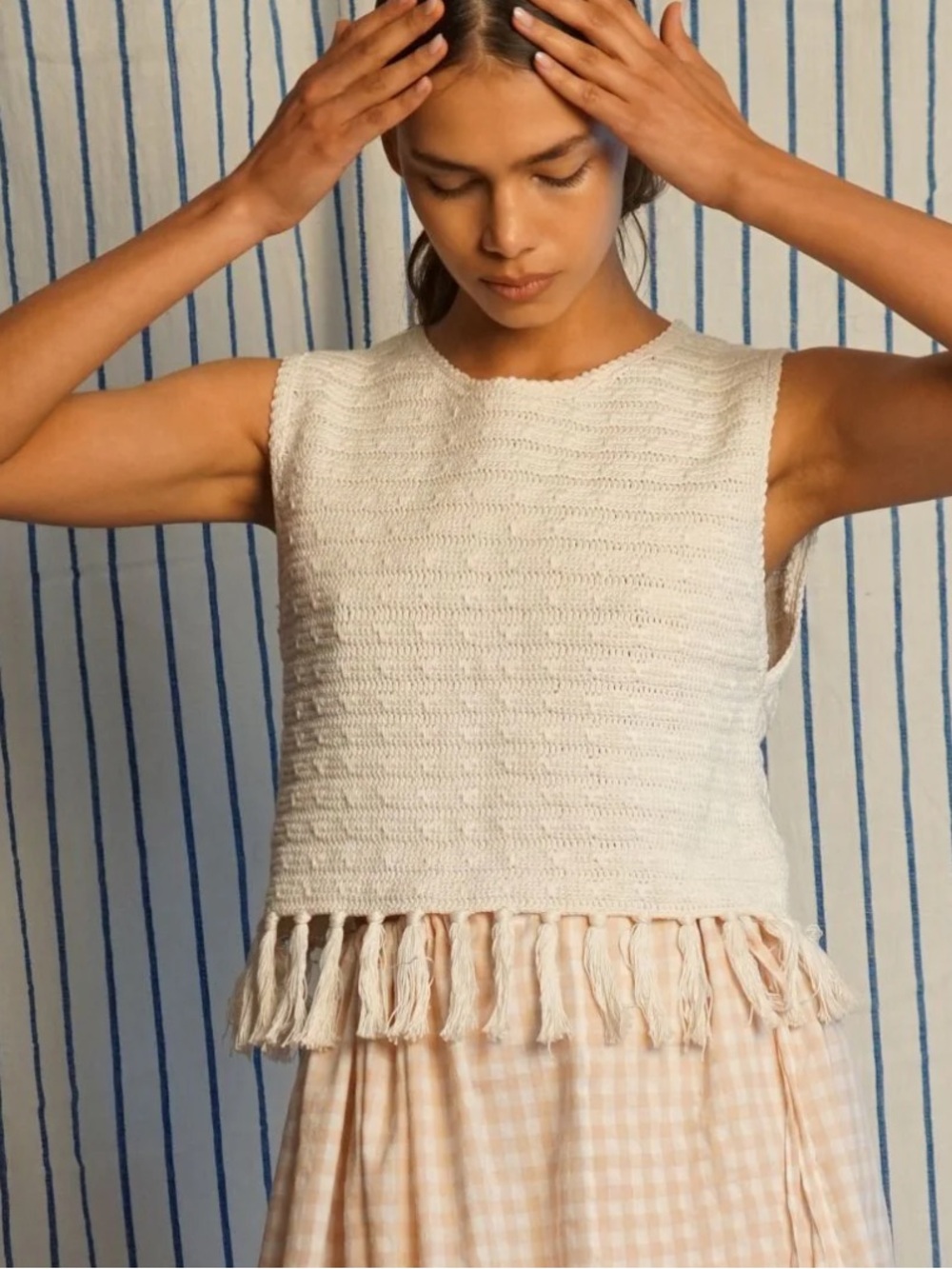 PROCHE 100% Pima Cotton Fringe Knit Tank Top Ivory Fair Trade Peru 25716
